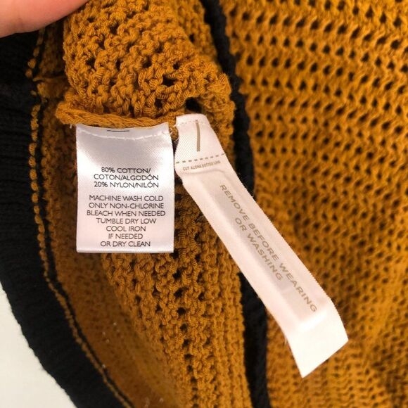Loft Ann Taylor Mustard Black Open Knit Short Sleeve Sweater Top - Picture 4 of 5